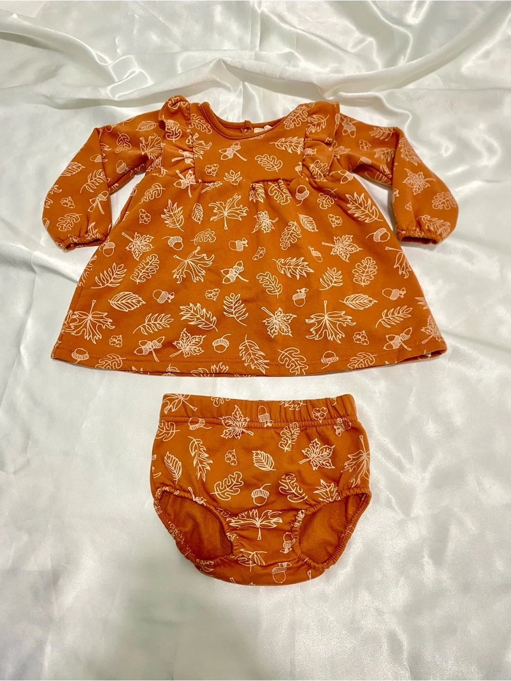 Baby Girl Rust Orange Leaf-Print Dress with Matching Diaper Cover